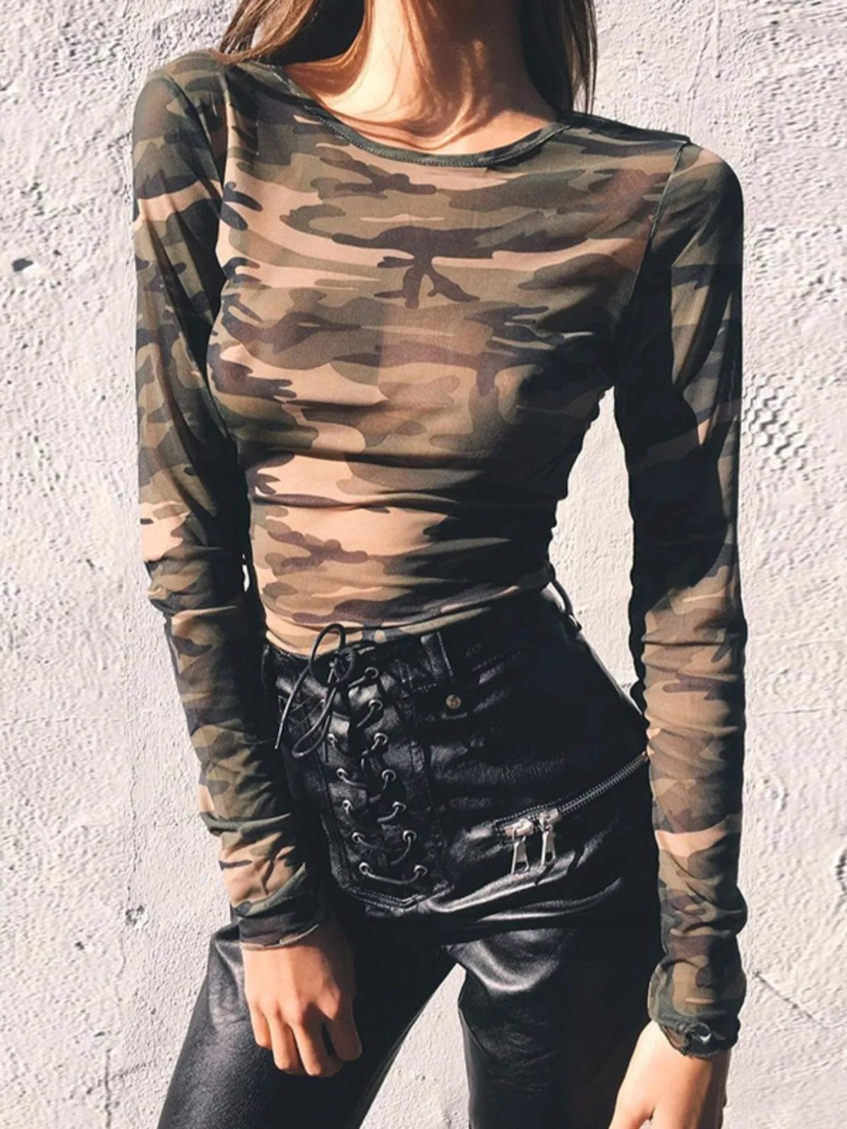 Camouflage mesh long sleeve T-shirt from Plush Fashion Hub, featuring a fitted design and breathable fabric.