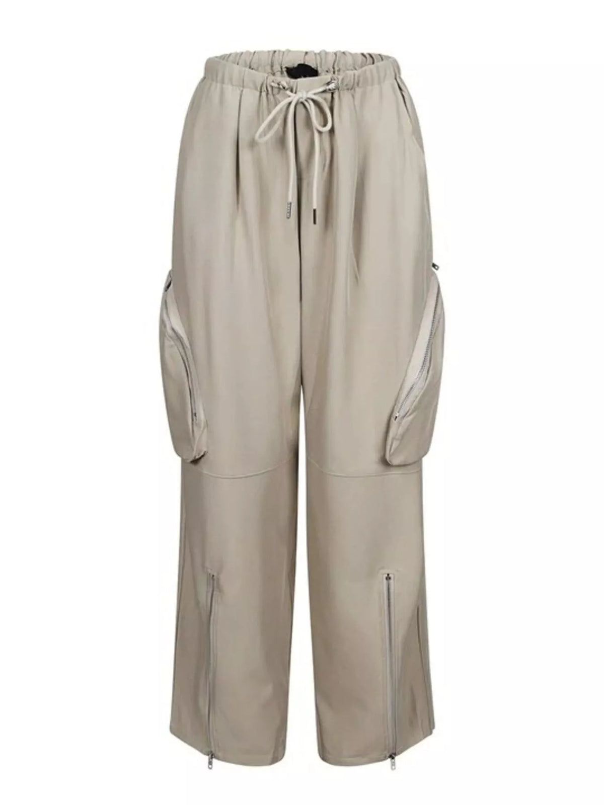 Trendsi drawstring cargo pants with zipper accents, featuring multiple pockets and a relaxed fit, suitable for casual wear.