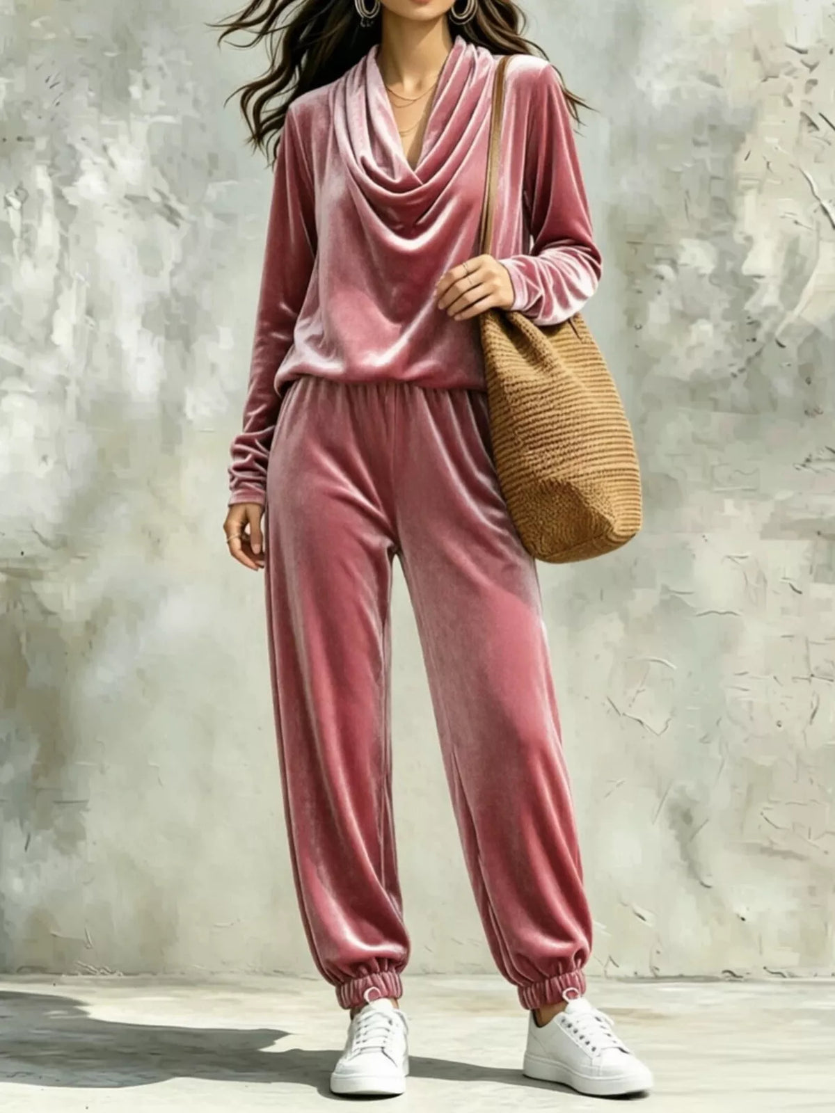 Womens cowl neck top and joggers set from Trendsi, featuring a cozy cowl neck and comfortable matching joggers in soft fabric.