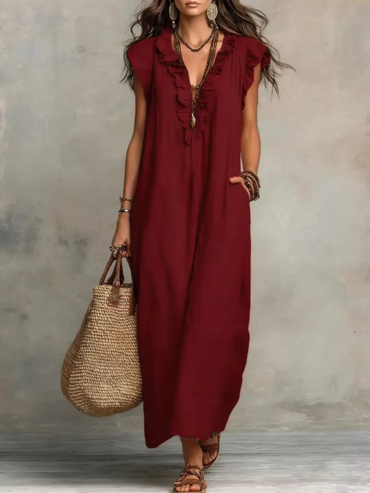 Plush Fashion Hub ruffled V-neck maxi dress in soft fabric, flowing design with ruffle details on the skirt.