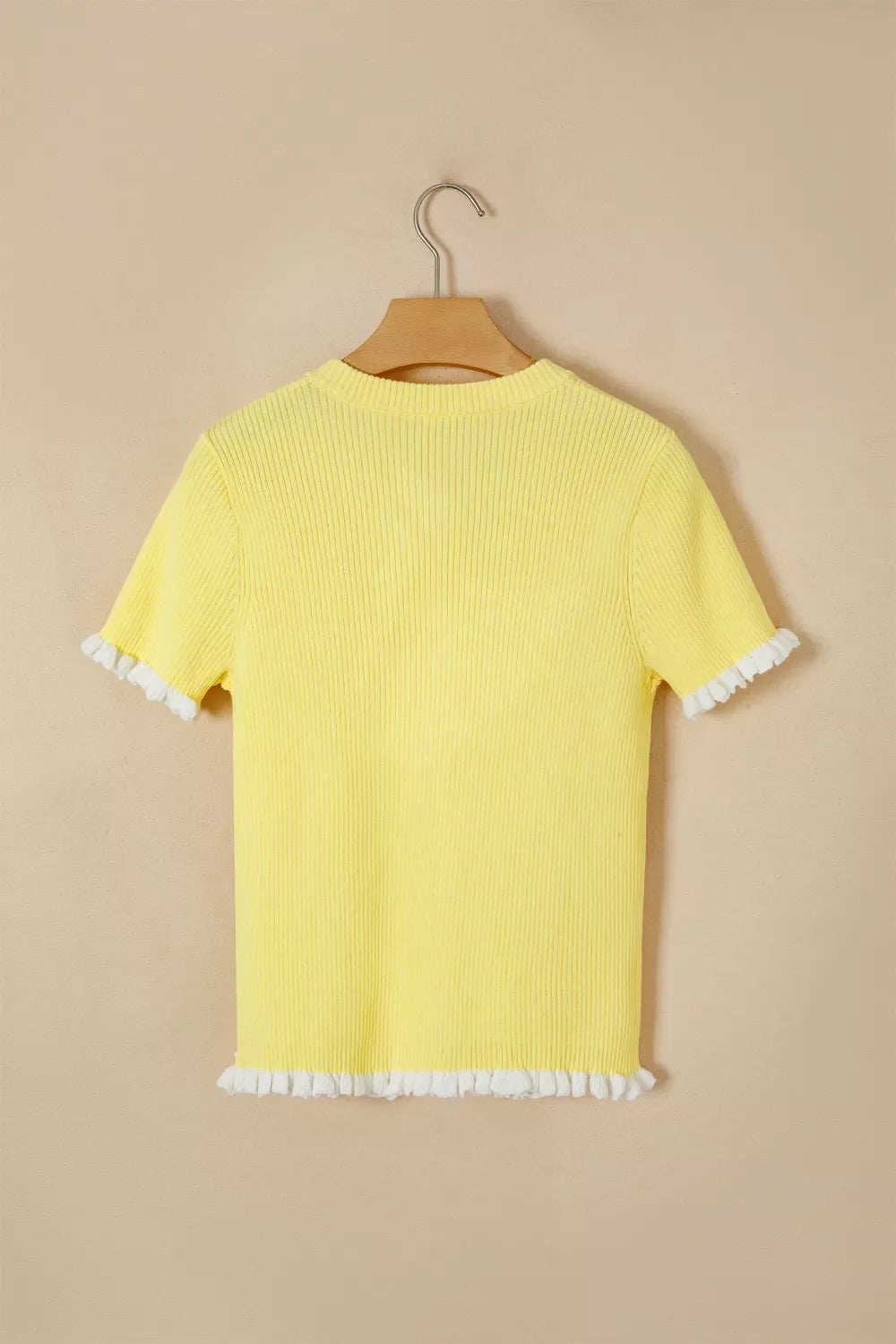 Plush Fashion Hub ribbed knit short sleeve sweater cardigan with contrast frilled trim and ribbed design, stylish and cozy.