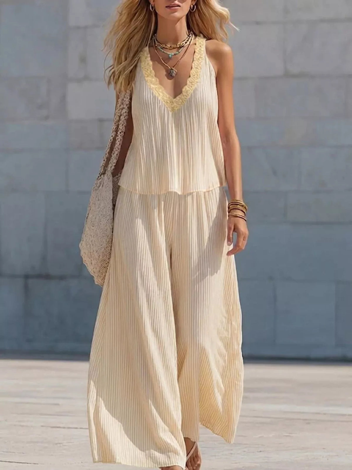 Striped V-neck tank top and wide-leg pants matching set from Plush Fashion Hub, featuring a stylish, coordinated summer outfit.