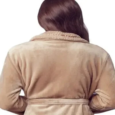 Beige Lotus Linen women's ultra soft plush bathrobe shown from the back, highlighting cozy fabric and relaxed fit.