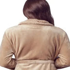Beige Lotus Linen women's ultra soft plush bathrobe shown from the back, highlighting cozy fabric and relaxed fit.