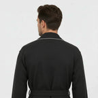 Black men's waffle piping robe by Lotus Linen, back view showing small size and piping detail on the hem.