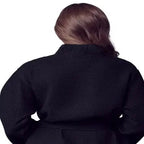 Back view of Lotus Linen women's lightweight black waffle robe, quick-dry spa robe with small size and comfortable fit.