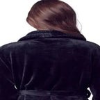 Back view of Lotus Linen women's ultra soft plush black bathrobe, small size with a cozy, plush fabric appearance.