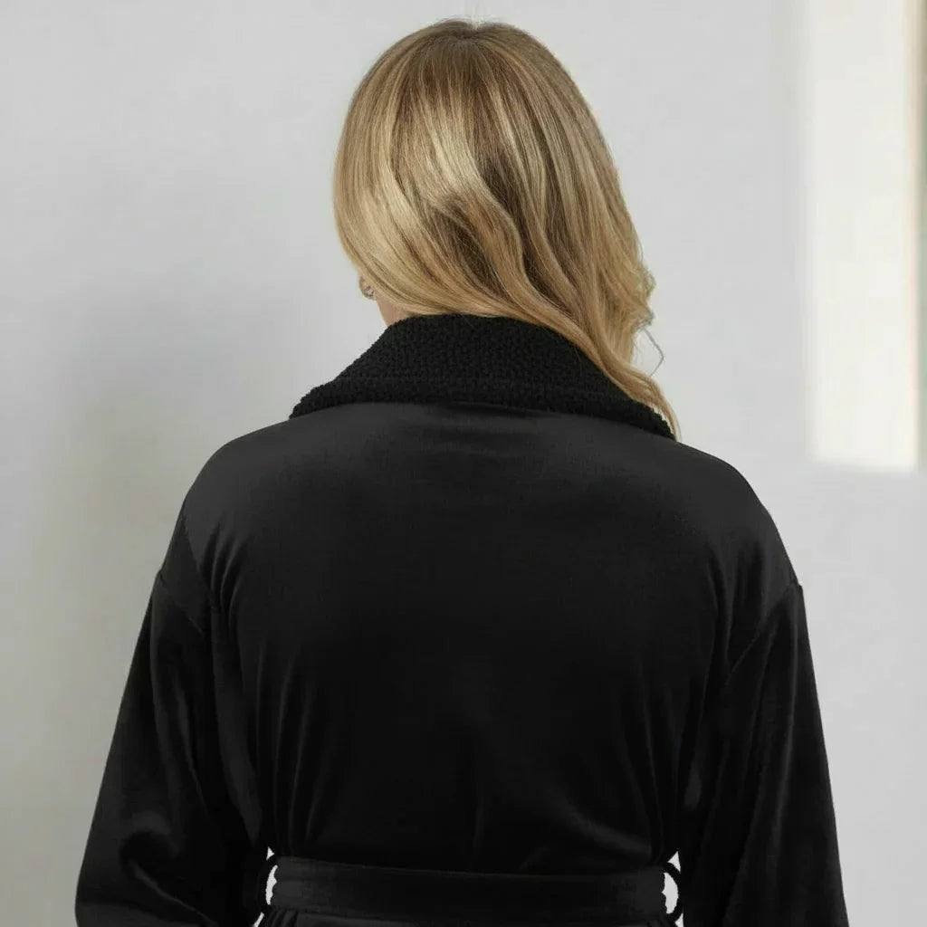 Soft black women's plush bathrobe by Lotus Linen, showing the back view with small size and cozy fabric details.
