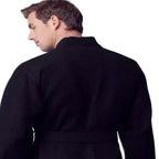 Black Lotus Linen waffle spa bathrobe for men, lightweight and absorbent, shown from the back.
