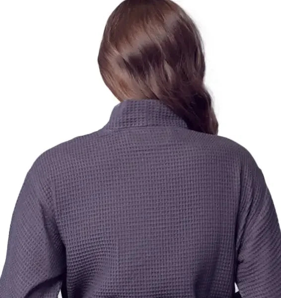 Lotus Linen women's lightweight charcoal waffle robe with quick-dry spa comfort, shown from the back.