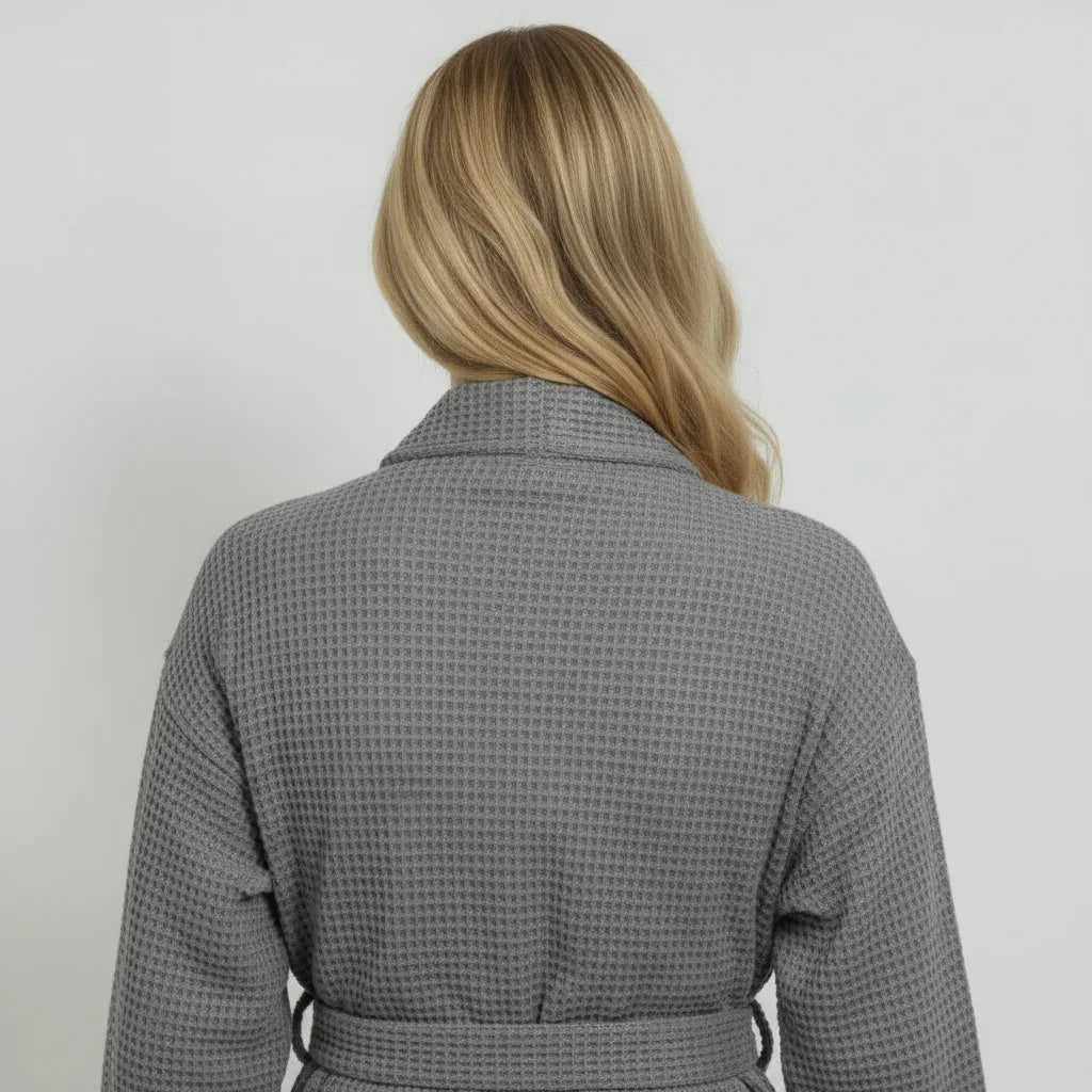 Lightweight charcoal women's waffle robe from Lotus Linen, quick-dry spa comfort, shown from the back.