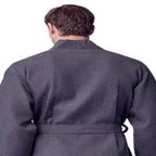 Back view of Lotus Linen men's waffle spa bathrobe in small charcoal, showcasing lightweight and absorbent fabric.
