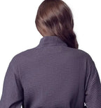 Back view of Lotus Linen women's knee-length dark grey waffle robe with kimono sleeves, shown from a small size angle.
