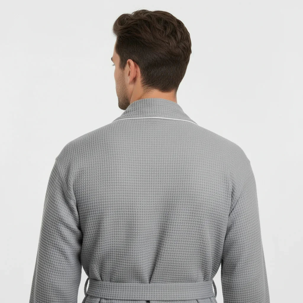 Gray men's waffle piping robe from Lotus Linen, shown from the back with a small size and detailed piping design.