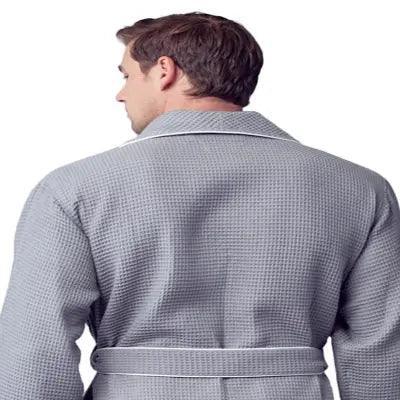 Gray men's waffle piping robe by Lotus Linen, showing the back view with piping details and a comfortable fit.