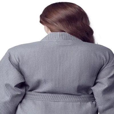 Gray lightweight women's waffle robe by Lotus Linen, quick-dry spa comfort with back view and small size.