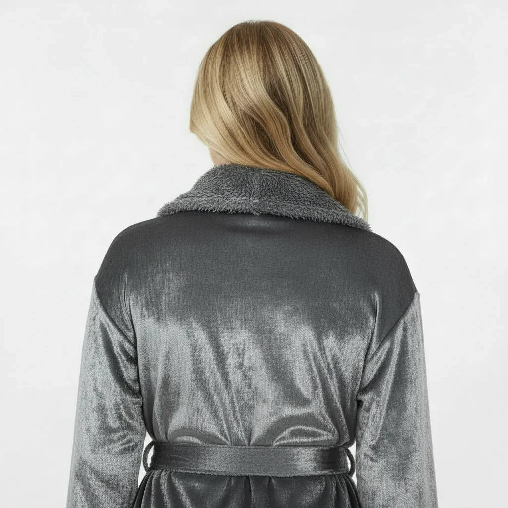 Back view of Lotus Linen women's plush bathrobe in small size, featuring soft grey fleece fabric and cozy design.