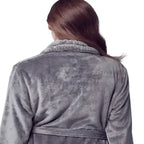 Back view of Lotus Linen women's ultra-soft plush grey fleece bathrobe, showcasing cozy, fluffy fabric and relaxed fit.