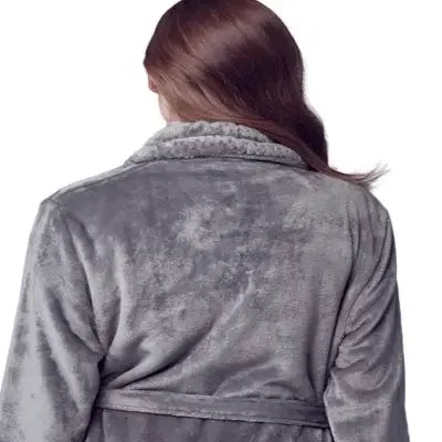 Back view of Lotus Linen women's ultra-soft plush grey fleece bathrobe, showcasing cozy, fluffy fabric and relaxed fit.
