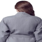 Back view of a small grey Lotus Linen knee-length waffle robe for women, featuring a kimono style design.