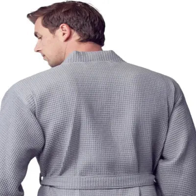 Lotus Linen men's waffle spa bathrobe in small grey, lightweight and absorbent, shown from the back.