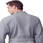 Lotus Linen men's waffle spa bathrobe in small grey, lightweight and absorbent, shown from the back.