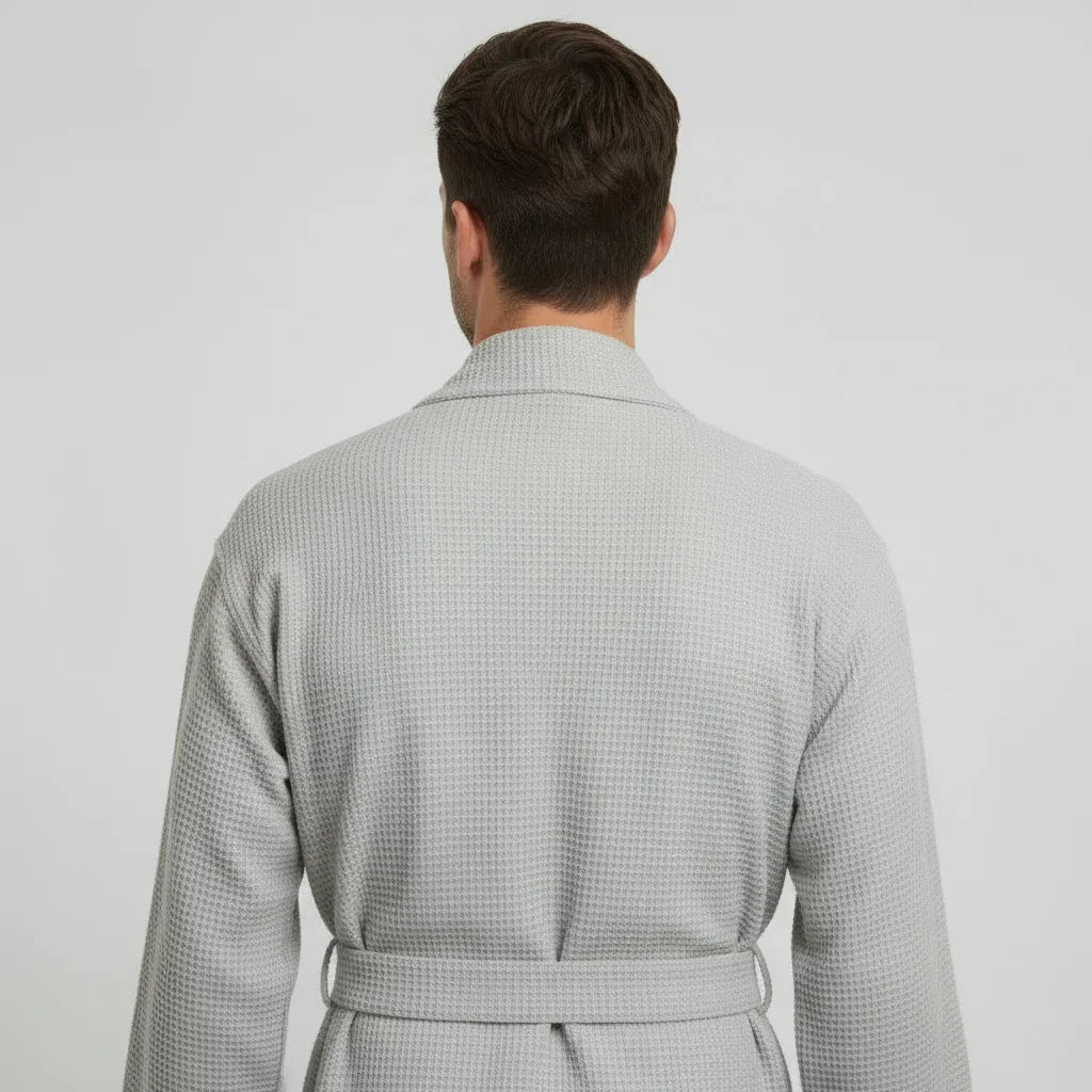 Lotus Linen men's waffle spa bathrobe in small size, lightweight and absorbent grey terry cloth robe shown from the back.