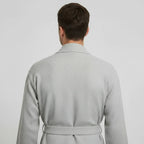 Lotus Linen men's waffle spa bathrobe in small size, lightweight and absorbent grey terry cloth robe shown from the back.