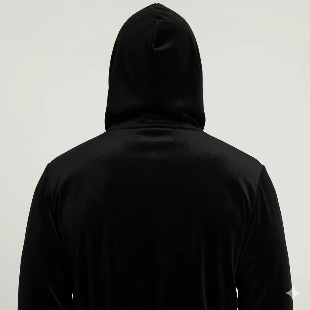 Black and gray men's hooded plush robe from Lotus Linen, showing the back view with small hood and soft, cozy fabric.