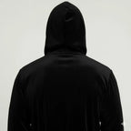 Black and gray men's hooded plush robe from Lotus Linen, showing the back view with small hood and soft, cozy fabric.