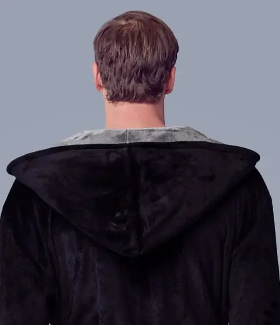 Black and gray men's hooded plush robe from Lotus Linen, showing the back view with a small hood and soft fabric.