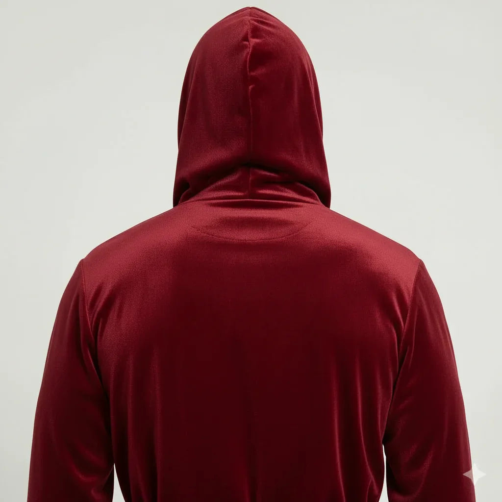 Back view of Lotus Linen men's hooded robe in burgundy-black plush fabric, showcasing the small hood and soft, comfortable material.