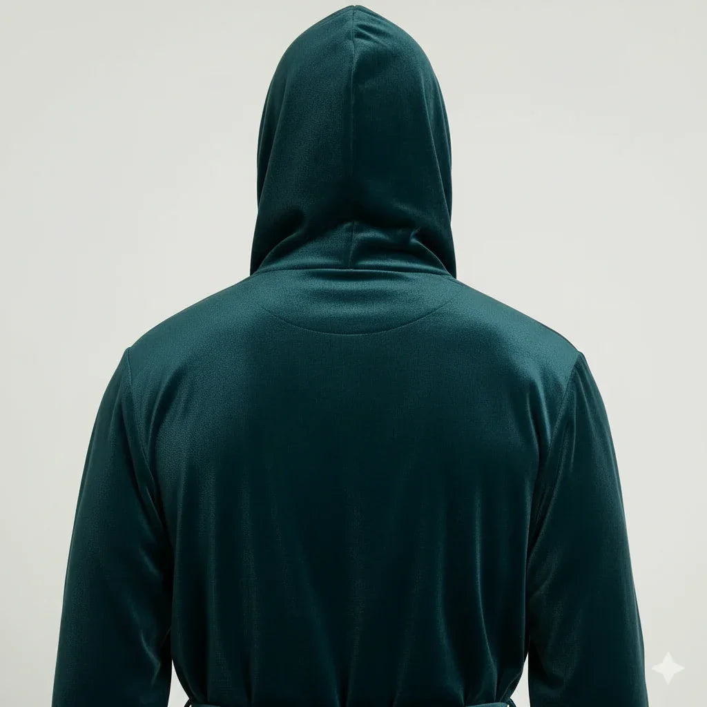 Green and black men's hooded robe by Lotus Linen, featuring plush soft fabric and a cozy back view with small hood.