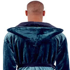 Green and black men's hooded robe from Lotus Linen, showing the plush, ultra-soft fabric and back view with small hood.