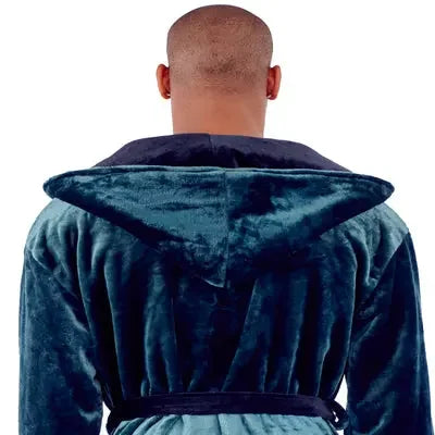 Green and black men's hooded robe from Lotus Linen, showing the plush, ultra-soft fabric and back view with small hood.