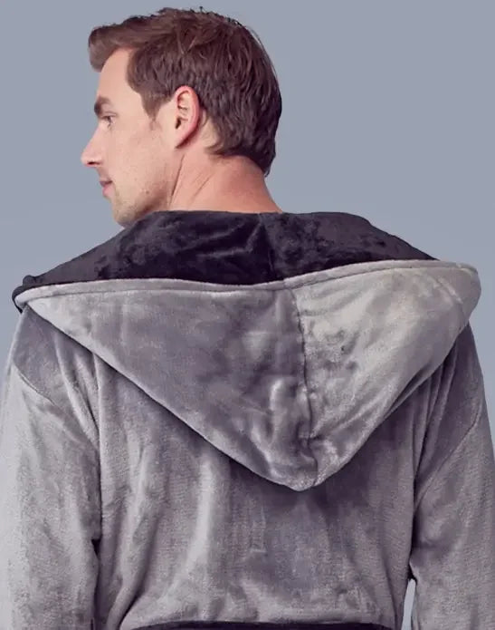 Back view of Lotus Linen men's hooded robe in grey-black plush fabric, showing the small hood and soft, comfortable design.