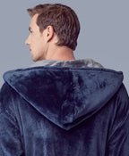Back view of Lotus Linen men's hooded robe in dark grey plush fabric, showing the small hood and soft, cozy material.