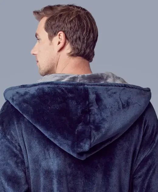 Back view of Lotus Linen men's hooded robe in dark grey plush fabric, showing the small hood and soft, cozy material.