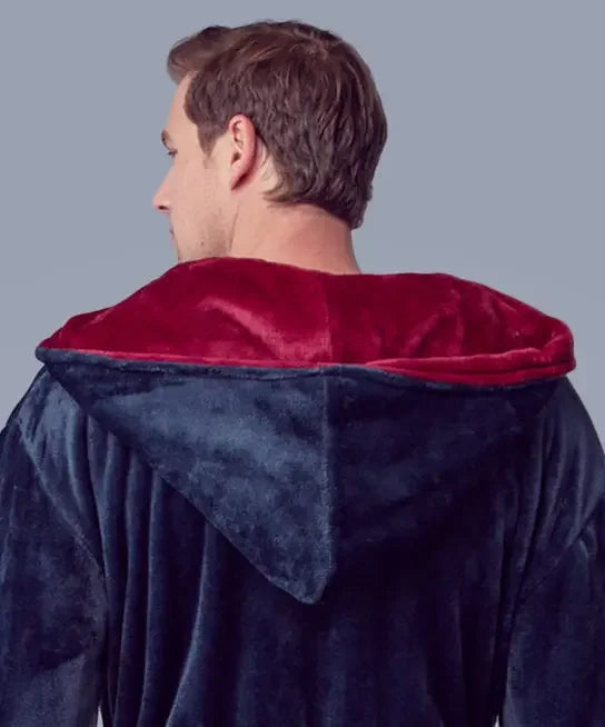 Men’s hooded plush robe by Lotus Linen in navy and burgundy, showing the back view with soft, cozy fabric and hood details.