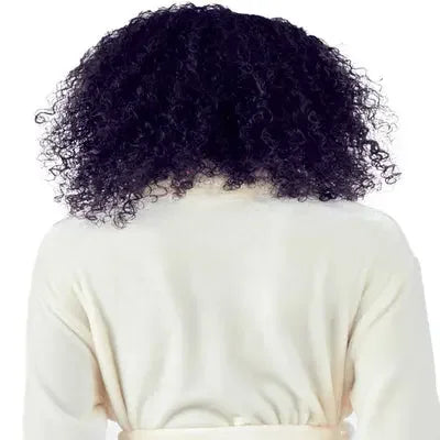 Back view of Lotus Linen women's ultra-soft plush bathrobe showing small natural-colored design and cozy fabric.