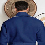 Navy men's waffle piping robe by Lotus Linen, back view showing small size and piping details on the robe.