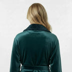 Navy blue women's plush bathrobe by Lotus Linen, showing soft fabric and back view.