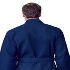 Navy waffle spa bathrobe for men by Lotus Linen, lightweight and absorbent, shown from the back with a small fit.