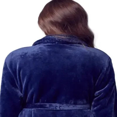 Navy women's ultra-soft plush bathrobe from Lotus Linen, shown from the back with a small fit and cozy fabric.