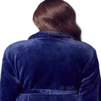 Navy women's ultra-soft plush bathrobe from Lotus Linen, shown from the back with a small fit and cozy fabric.