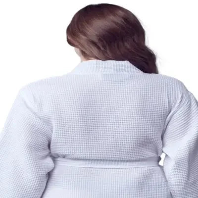 White Lotus Linen women's waffle robe shown from the back, lightweight, quick-dry spa comfort robe for women.
