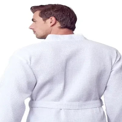White Lotus Linen Waffle Spa Bathrobe for Men, lightweight and absorbent, shown from the back with small size.