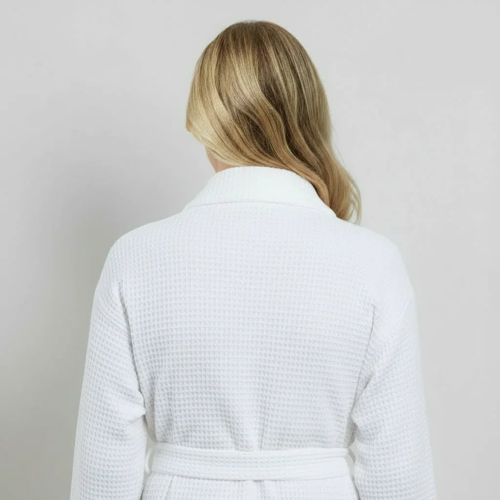 White Lotus Linen women’s waffle robe with lightweight, quick-dry fabric, shown from the back in a small size.