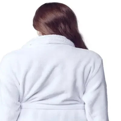 Back view of Lotus Linen women's ultra soft plush bathrobe in small size, white color, showcasing cozy, plush fabric and relaxed fit.