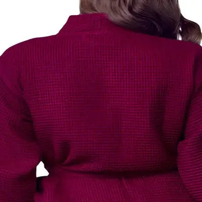 Back view of a small wine-red lightweight Lotus Linen women's waffle robe, quick-dry spa comfort with textured fabric.